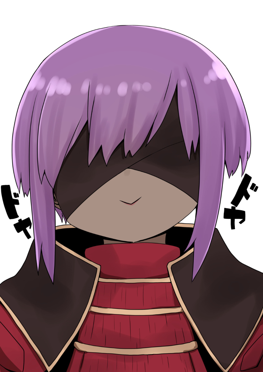 1girl :&gt; armor blindfold closed_mouth cosplay dark_skin facing_viewer fate/grand_order fate/prototype fate/prototype:_fragments_of_blue_and_silver fate_(series) hassan_of_serenity_(fate) highres i.u.y japanese_armor purple_hair short_hair sidelocks simple_background solo translation_request upper_body ushiwakamaru_(avenger)_(fate) ushiwakamaru_(avenger)_(fate)_(cosplay) ushiwakamaru_(fate/grand_order) white_background