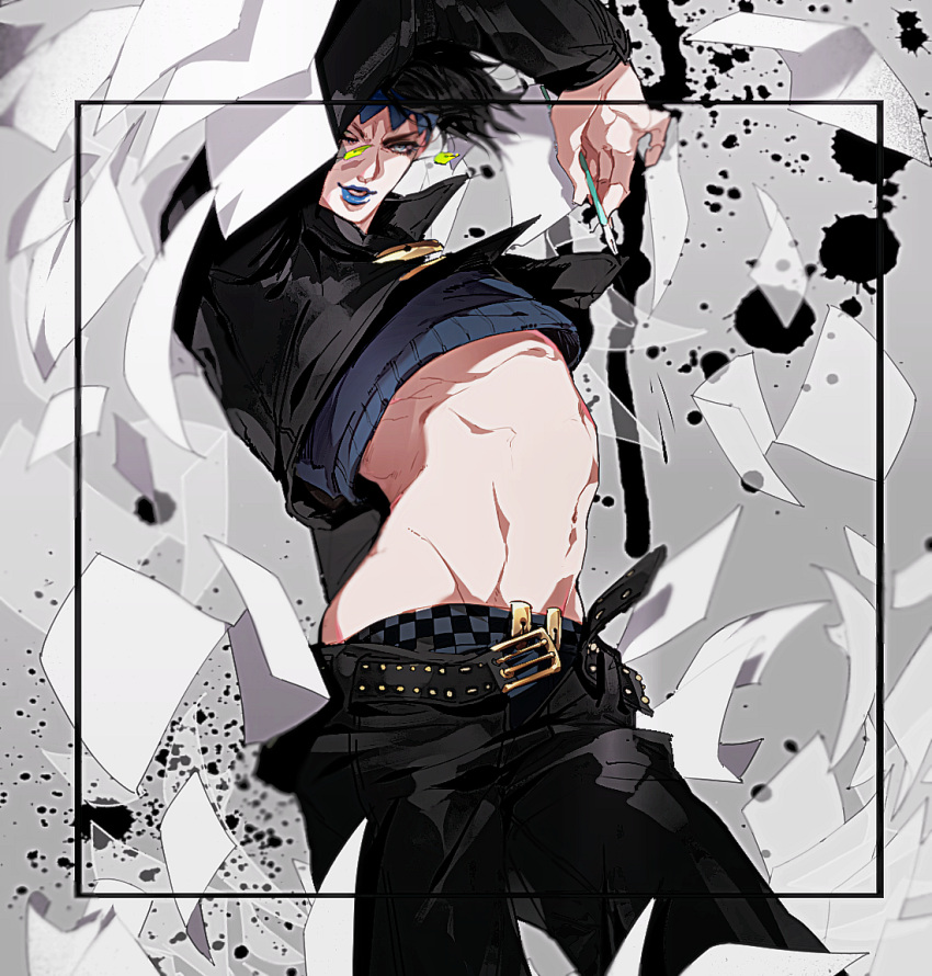 1boy arched_back arm_up belt black_belt black_hair black_pants blue_headband blue_lipstick checkered commentary_request cowboy_shot crop_top diamond_wa_kudakenai dip_pen earrings grey_eyes groin headband holding holding_pen ink inkblot jewelry jojo_no_kimyou_na_bouken kiki_(re_6xxx) kishibe_rohan lipstick long_sleeves looking_at_viewer makeup male_focus midriff navel nib_pen_(object) one_eye_closed open_fly pants paper pen short_hair smile solo unbuckled_belt