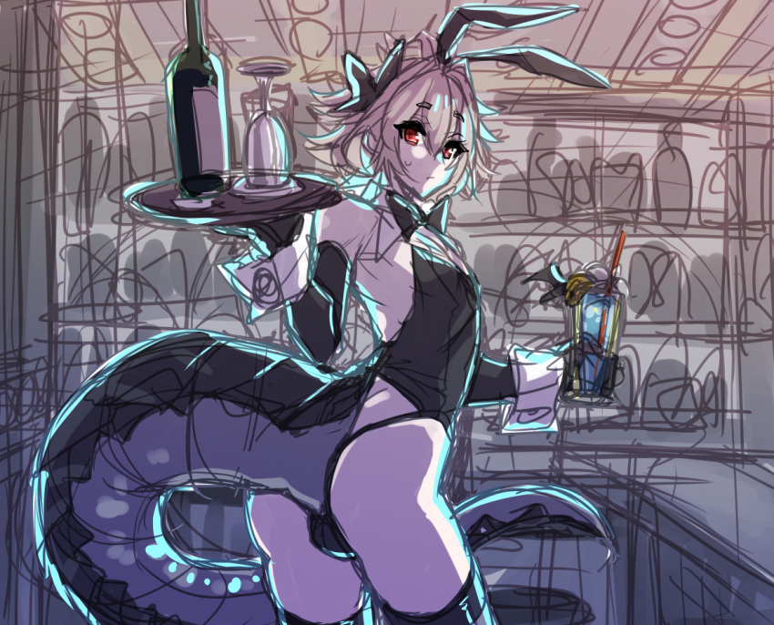 1boy alcohol ass bare_shoulders black_bow black_gloves bottle bow bulge closed cup dragon_tail drinking_straw elbow_gloves eyebrows_visible_through_hair eyes_visible_through_hair fate/apocrypha fate_(series) gloves hair_between_eyes haoro holding holding_cup holding_plate indoors looking_at_viewer looking_back male_focus pink_hair plate playboy_bunny red_eyes short_eyebrows sieg_(fate/apocrypha) sketch solo sweat tail
