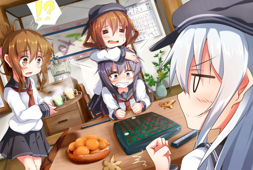 4girls akatsuki_(kantai_collection) black_hair board_game brown_hair calendar_(object) cup flat_cap food fruit hair_between_eyes hat hibiki_(kantai_collection) highres ikazuchi_(kantai_collection) inazuma_(kantai_collection) kantai_collection kurokoshou_(emuburemu123) lightning long_hair mandarin_orange multiple_girls neckerchief open_mouth plant potted_plant purple_hair rensouhou-chan reversi school_uniform serafuku short_hair skirt smile tray