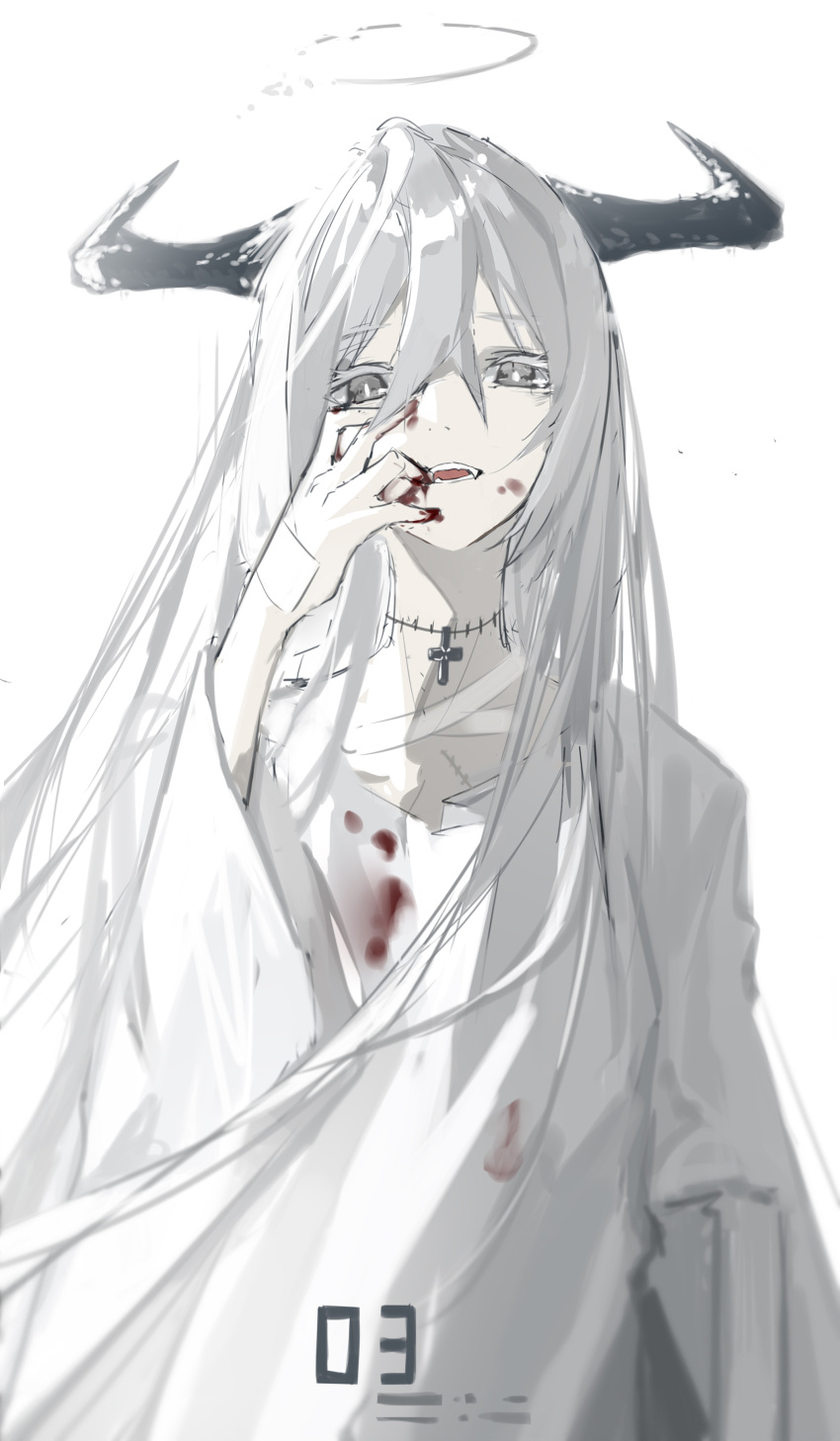 1girl absurdres bandages bandaid bandaid_on_hand blood blood_on_face blood_on_fingers bloody_clothes book cross eyebrows_visible_through_hair fangs grey_eyes grey_hair highres horns long_hair number open_mouth original qtian simple_background solo stitches teeth white_background wide_sleeves