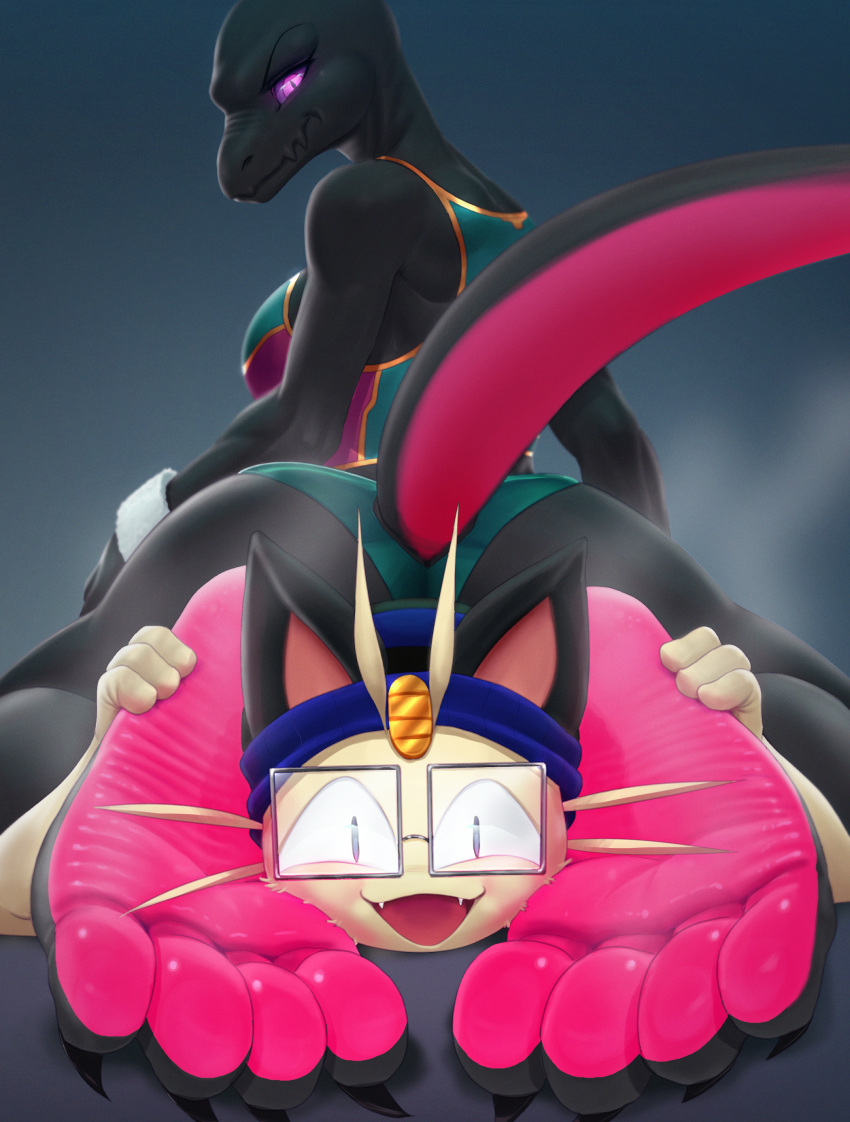 4_toes absurd_res anthro black_body black_skin claws clothed clothing countershade_feet countershading duo eyewear feet female foot_fetish foot_focus glasses glistening glistening_body glistening_skin hat headgear headwear hi_res jinu_(character) looking_back male male/female meowth nintendo open_mouth pheromones pink_body pink_eyes pink_feet pink_skin pink_soles pok&eacute;mon pok&eacute;mon_(species) puffypinkpaws pupils salazzle skin_folds slit_pupils soles stella_(cornchip21) toe_claws toes video_games wrinkly_feet