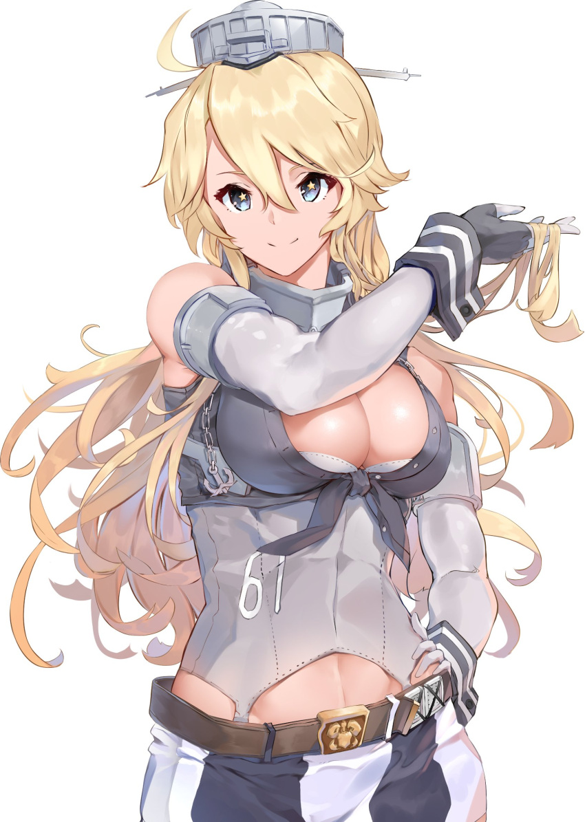 1girl anchor blonde_hair blue_eyes breasts cleavage cowboy_shot elbow_gloves fingerless_gloves flag_print front-tie_top gegeron gloves headgear highres iowa_(kantai_collection) kantai_collection large_breasts long_hair miniskirt skirt star-shaped_pupils star_(symbol) symbol-shaped_pupils white_background