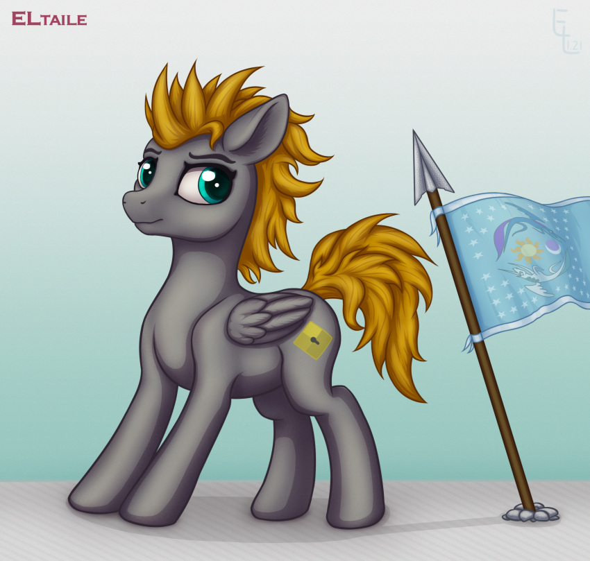 absurd_res eltaile equestria equid equine fan_character flag friendship_is_magic hasbro hi_res male mammal melee_weapon my_little_pony pegasus platinumdrop polearm solo spear weapon wings