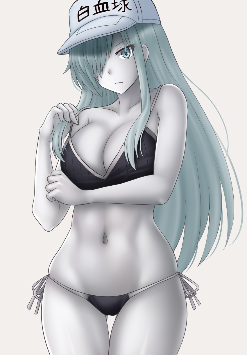 &gt;:( 1girl ass_visible_through_thighs bangs bare_arms bare_shoulders black_bra black_panties bra breasts cleavage closed_mouth clothes_writing collarbone colored_skin eyebrows_visible_through_hair flat_cap frown grey_background grey_eyes grey_skin hair_over_one_eye hand_up hat hataraku_saibou hataraku_saibou_black highres kazenokaze large_breasts lifted_by_self looking_at_viewer navel panties side-tie_panties silver_hair simple_background solo strap_lift thigh_gap u-1196 underwear underwear_only v-shaped_eyebrows white_blood_cell_(hataraku_saibou) white_headwear