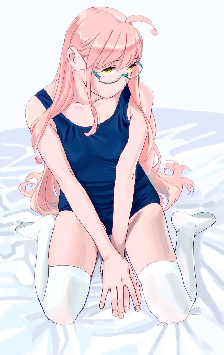 1girl absurdres ahoge bangs bed_sheet between_legs blue-framed_eyewear blue_swimsuit collarbone glasses hand_between_legs highres kantai_collection long_hair looking_at_viewer makigumo_(kantai_collection) ojipon one-piece_swimsuit pink_hair school_swimsuit semi-rimless_eyewear sitting solo swimsuit thighhighs under-rim_eyewear wariza white_legwear yellow_eyes