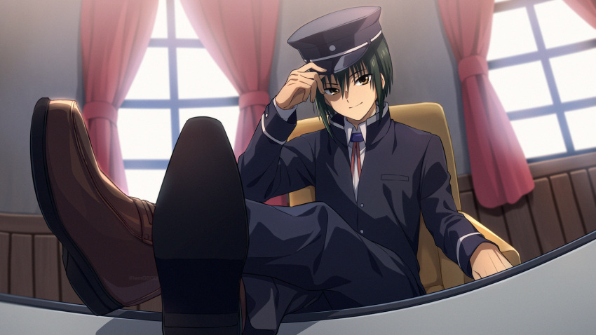 1boy angel_beats! arm_up bangs black_headwear black_jacket black_pants blazer brown_eyes brown_footwear chair closed_mouth collared_shirt commentary crossed_legs curtains eyebrows_visible_through_hair feet_on_table fingernails green_hair hair_between_eyes hand_on_headwear hat hat_tip highres indoors jacket legs_up long_sleeves looking_at_viewer male_focus naoi_ayato neck_ribbon on_chair pants red_neckwear red_ribbon ribbon sayshownen school_uniform shadow shirt shoe_soles shoes short_hair sitting smile solo twitter_username uniform watermark white_shirt window