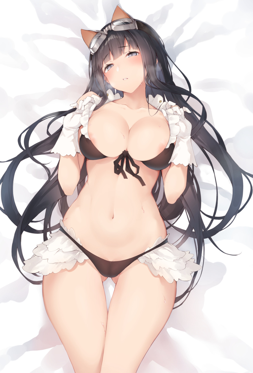 1girl absurdres ass_visible_through_thighs bangs bare_shoulders bikini black_bikini black_hair blush breasts cleavage collarbone gloves goggles goggles_on_head granblue_fantasy grey_eyes highres jessica_(granblue_fantasy) large_breasts long_hair looking_at_viewer lying nanahara_fuyuki navel on_back parted_lips swimsuit thighs white_gloves