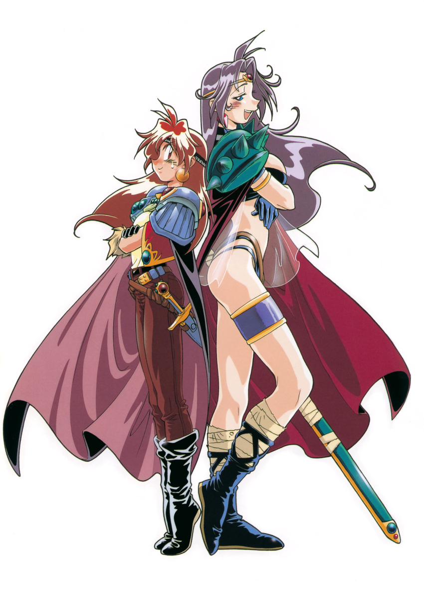 1990s_(style) 2girls absurdres araizumi_rui armlet armor back-to-back bandages bikini black_footwear blue_eyes boots cape circlet crossed_arms earrings full_body gloves headband heel_raised height_difference highres jewelry knee_boots knife lina_inverse long_hair multiple_girls naga_the_serpent official_art open_mouth pauldrons profile purple_hair red_eyes red_hair scan shoulder_armor simple_background slayers smile spikes standing sweatdrop swimsuit sword thigh_strap thighlet tiptoes weapon
