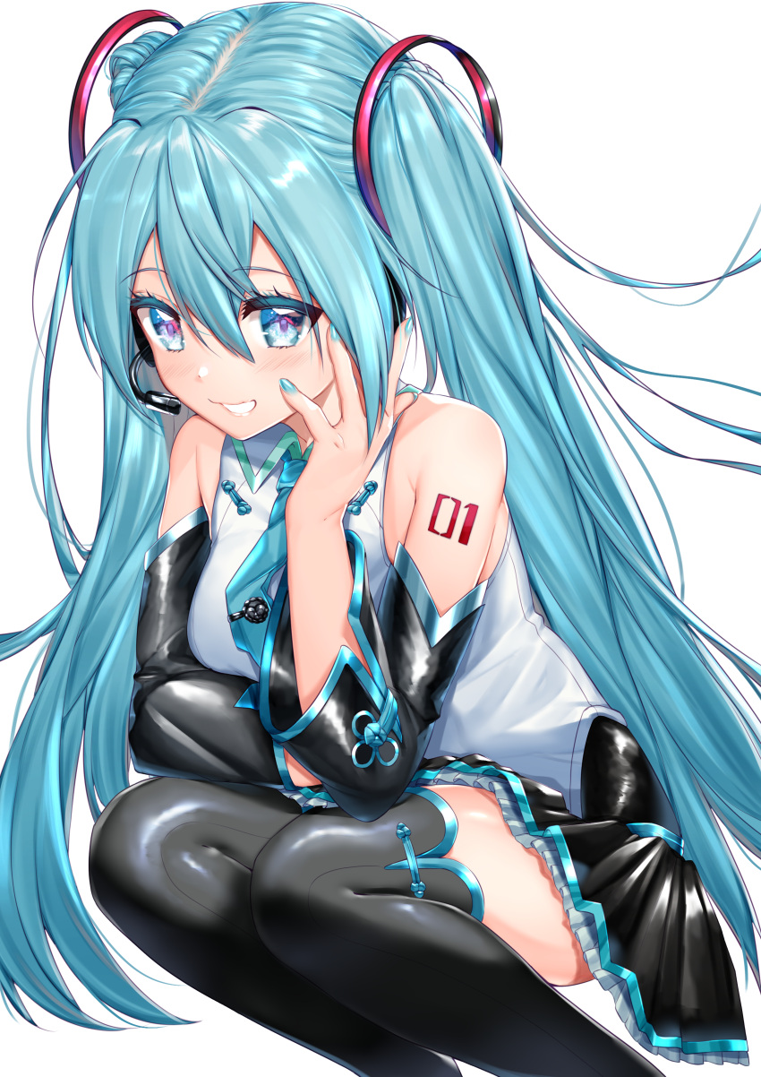 1girl absurdres adapted_costume aqua_eyes aqua_hair aqua_nails bangs bare_shoulders black_legwear breasts detached_sleeves frilled_skirt frills hatsune_miku headset highres long_hair medium_breasts necktie parted_lips pleated_skirt rachel_bouvier sidelocks skirt smile solo squatting tattoo thighhighs tie_clip twintails very_long_hair vocaloid zettai_ryouiki