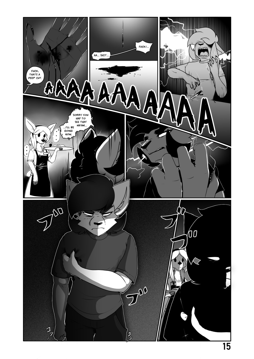 absurd_res anthro apron black_and_white blood blood_drip blood_on_hand bodily_fluids canid canine canis cervid clothing comic contract_(moonrunes) dialogue female food hi_res japanese_text knife male mammal manga monochrome moonrunes shadow shirt text topwear waiter wolf xenny_(moonrunes) yelling