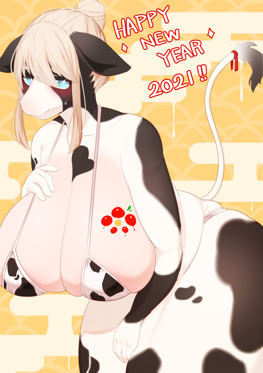 absurd_res animal_print anthro big_breasts blonde_hair bovid bovine breasts cattle cow_print denyfake english_text hair hi_res huge_breasts mammal raised_tail text thick_thighs