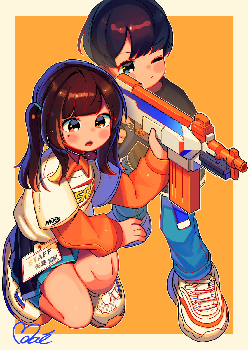 1boy 1girl absurdres aiming black_hair blue_eyes blush_stickers border brown_eyes brown_hair character_request child denim gun headset highres holding holding_gun holding_weapon huge_filesize jeans long_sleeves medium_hair moai_(more_e_4km) mole mole_under_eye name_tag nerf_gun one_eye_closed one_knee orange_background original outside_border pants pleated_skirt product_girl rifle shirt shoes skirt sneakers t-shirt toy_gun twintails weapon white_border