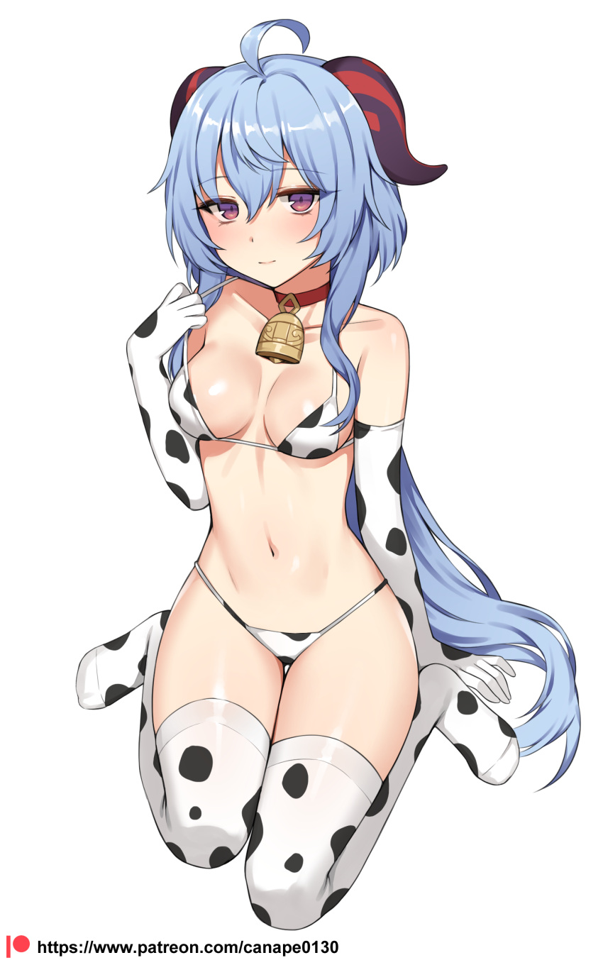 1girl absurdres ahoge animal_print arm_support bell bell_choker bikini blue_hair breasts canape_(canape0130) choker closed_mouth commentary_request cow_print cowbell elbow_gloves eyebrows_visible_through_hair full_body ganyu_(genshin_impact) genshin_impact gloves goat_horns hand_up highres horns korean_commentary long_hair looking_at_viewer navel patreon_logo patreon_username red_choker red_eyes sitting smile solo swimsuit thighhighs thighs wariza white_background white_gloves white_legwear