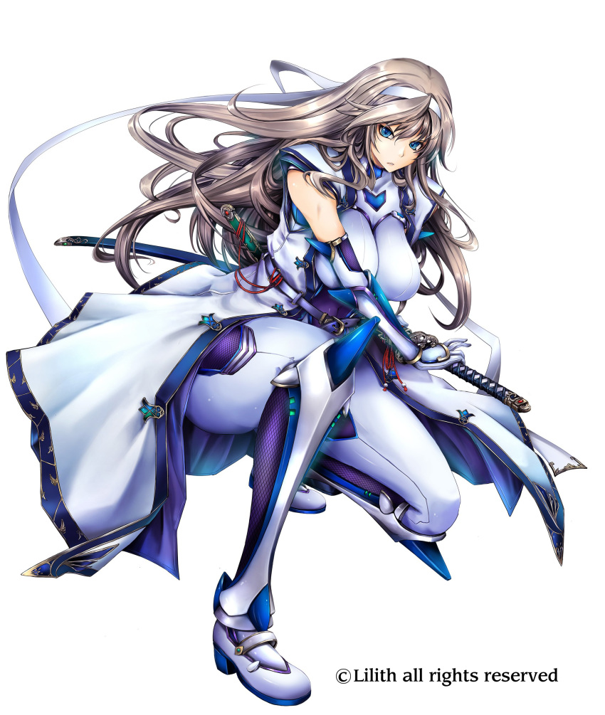 1girl absurdres armored_boots blue_eyes bodysuit boots breasts coat elbow_gloves full_body gloves hairband hand_on_hilt highres large_breasts lilith-soft long_hair sheath sheathed sleeveless_coat solo taimanin_rpgx tana_(garyuh-chitai) white_coat white_hairband