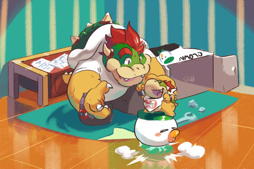 2021 3:2 anthro bottomwear bowser bowser_jr. clothing detailed_background duo hi_res inside koopa koopa_clown_car male mario_bros nintendo pants scalie shirt topwear vestforlast video_games young zytomega