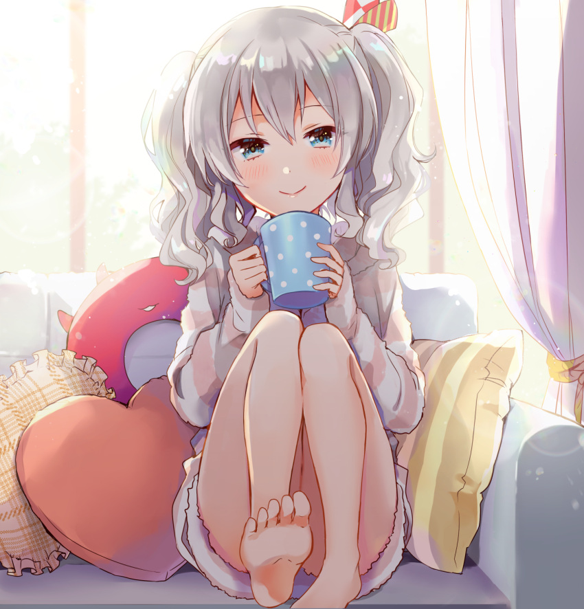 1girl 1other abyssal_ship anbutter_siruko barefoot blue_eyes blush closed_mouth couch cup curtains enemy_lifebuoy_(kantai_collection) hair_between_eyes heart heart_pillow highres holding holding_cup kantai_collection kashima_(kantai_collection) long_hair long_sleeves looking_at_viewer pillow shirt silver_hair smile striped striped_shirt toes twintails window