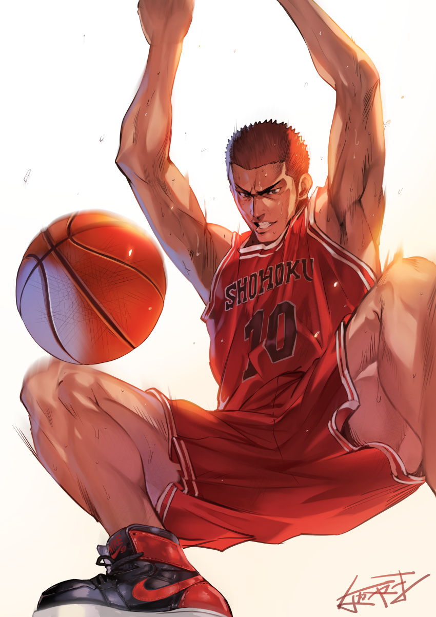 1boy absurdres ball basketball basketball_uniform commentary_request from_below grin highres jumping male_focus muscular nike red_hair sakuragi_hanamichi shorts signature simple_background slam_dunk smile solo sportswear sweat white_background yj_nakayama