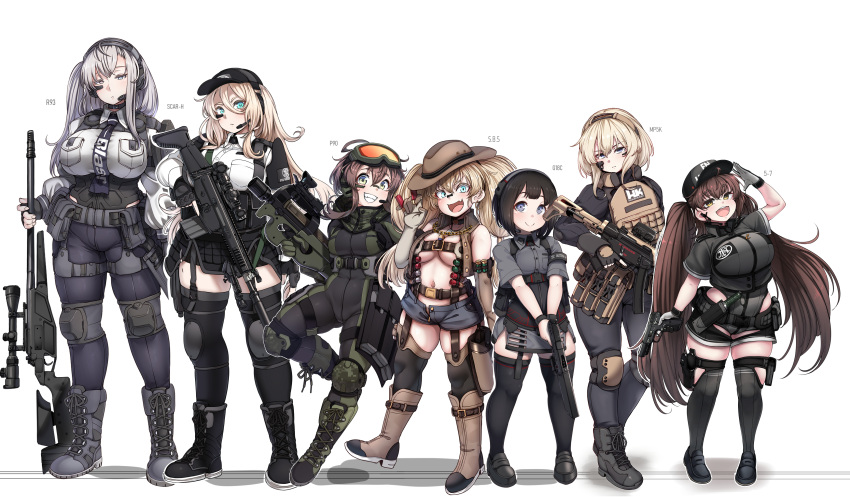 6+girls absurdres armor assault_rifle baseball_cap belt black_footwear black_gloves black_hair black_legwear black_pants black_shorts blaser_r93 blonde_hair blue_eyes bodysuit bolt_action boots breast_pocket breasts brown_belt brown_footwear brown_gloves brown_hair brown_headwear brown_vest bulletproof_vest bullpup camouflage choker combat_boots combat_knife cowboy_hat cross-laced_footwear curvy denim denim_shorts double-barreled_shotgun double_barrels elbow_gloves expressionless eyebrows_visible_through_hair fang fingerless_gloves five-seven_(gun) fn_herstal fn_scar full_body garter_belt garter_straps glock glock_18c gloves goggles goggles_on_head grey_eyes grey_headwear grey_legwear grey_leotard grey_shirt grey_skirt grin gun h&amp;k_mp5k hair_between_eyes handgun hat headset heckler_&amp;_koch height_difference highres holding holding_gun holding_weapon knee_pads knife konoshige_(ryuun) lace-up_boots large_breasts leotard light_blue_eyes load_bearing_vest loafers long_hair long_sleeves looking_at_viewer machine_pistol medium_breasts military miniskirt mole mole_under_eye multiple_girls navel necktie one_side_up open_clothes open_mouth open_vest original p90 pants personification pistol plump pocket pouch rifle sawed-off_shotgun scope sheath sheathed shirt shoes short_hair short_hair_with_long_locks short_shorts short_sleeves shorts shotgun shotgun_shells shoulder_armor sidelocks silver_hair simple_background skin_fang skin_tight skirt small_breasts smile sniper_rifle stanag_magazine standing submachine_gun suppressor tactical_clothes thighhighs tie_clip trigger_discipline twintails utility_belt very_long_hair vest weapon white_gloves wide_hips yellow_eyes