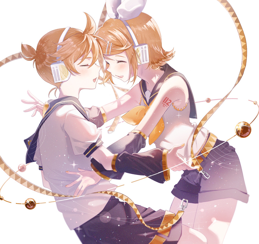 1boy 1girl ahoge bare_shoulders belt blonde_hair blush bow brother_and_sister closed_eyes detached_sleeves face-to-face forehead-to-forehead hair_bow hair_ornament hairclip hamuna_(hamuna_86) headphones headset highres imminent_hug jewelry kagamine_len kagamine_rin number_tattoo pale_skin ring sailor_collar sailor_shirt shirt short_hair short_ponytail shorts shoulder_tattoo siblings sleeveless sleeveless_shirt smile sphere t-shirt tattoo twins vocaloid yellow_neckwear