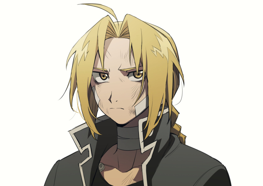 1boy absurdres ahoge bandaged_neck bandages bandaid bandaid_on_face bangs black_shirt blonde_hair braid bruise closed_mouth collarbone collared_jacket collarless_shirt edward_elric frown fullmetal_alchemist grey_jacket highres injury jacket long_hair looking_at_viewer male_focus maro_(lij512) open_clothes parted_bangs serious shirt simple_background single_braid solo symbol_commentary upper_body white_background yellow_eyes