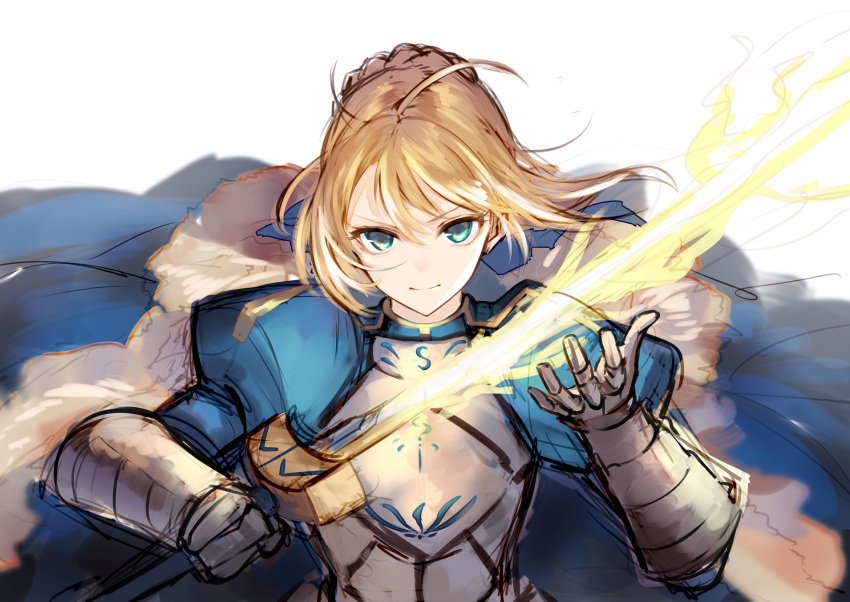 1girl ahoge armor armored_dress artoria_pendragon_(all) blonde_hair braid coat dress excalibur fate/stay_night fate_(series) fur-trimmed_coat fur_trim gauntlets glowing glowing_weapon green_eyes hair_ribbon highres holding holding_sword holding_weapon jazztaki long_hair long_sleeves looking_at_viewer ribbon saber short_hair simple_background smile solo sword weapon white_background