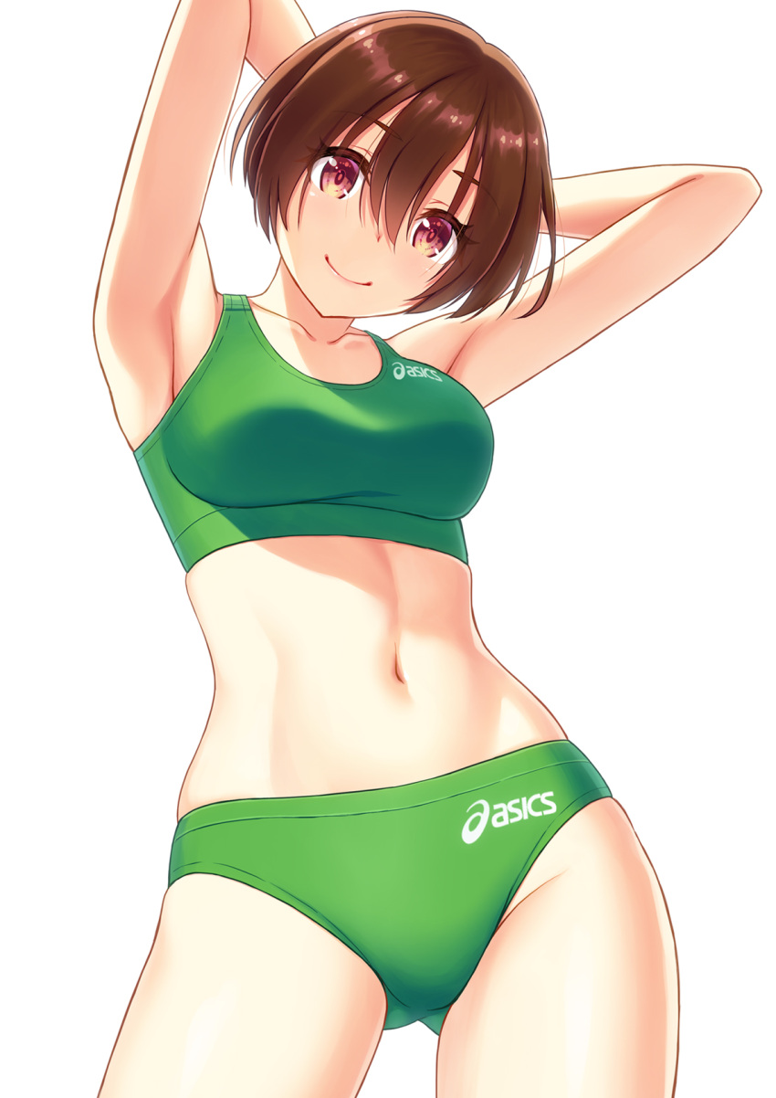 1girl armpits arms_behind_head arms_up asics ass_visible_through_thighs bangs breasts brown_hair collarbone contrapposto cowboy_shot eyebrows_visible_through_hair hair_between_eyes head_tilt highres kuri_(kurigohan) looking_at_viewer navel original purple_eyes short_hair simple_background skindentation smile solo sports_bikini standing