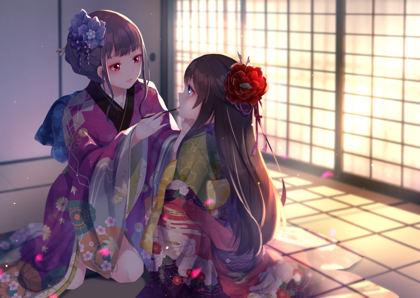 2girls absurdres applying_makeup blue_eyes brown_hair floral_print flower hair_flower hair_ornament highres japanese_clothes kimono kneeling lipstick long_hair makeup makeup_brush multiple_girls original petals red_eyes shinketsu_kanyu sitting smile updo