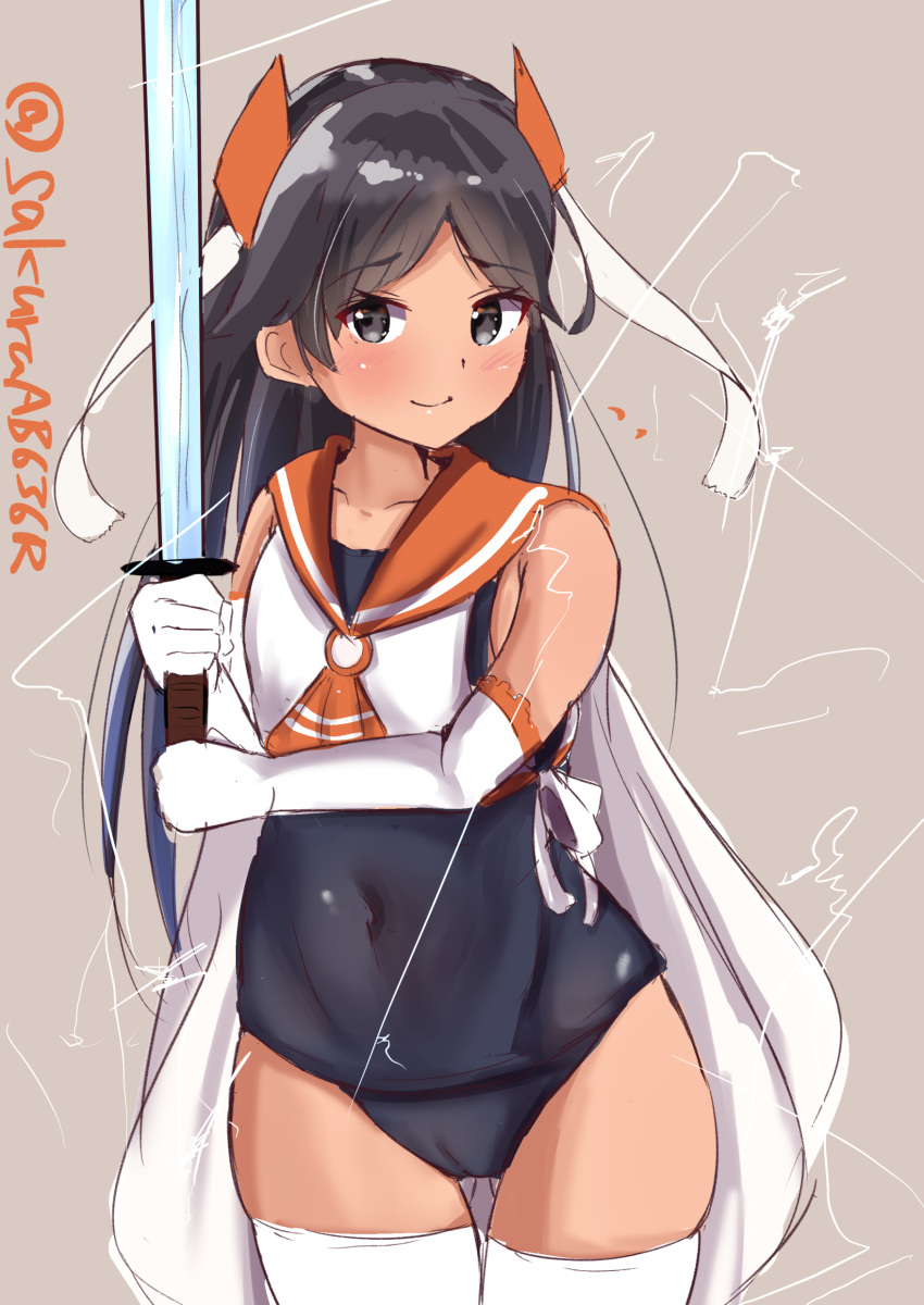 1girl absurdres adapted_costume ass_visible_through_thighs black_eyes black_hair black_swimsuit commentary_request covered_navel elbow_gloves gloves grey_background headgear highres i-400_(kantai_collection) kantai_collection long_hair magical_girl one-piece_tan orange_sailor_collar sailor_collar sailor_shirt sakura_ab school_swimsuit shirt side-tie_shirt simple_background sleeveless sleeveless_shirt solo swimsuit swimsuit_under_clothes sword tan tanline thighhighs twitter_username weapon white_gloves white_legwear