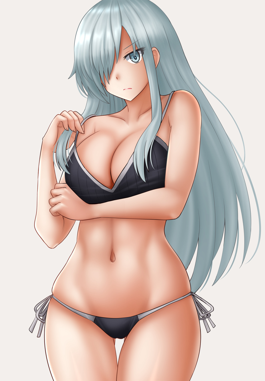 &gt;:( 1girl ass_visible_through_thighs bangs bare_arms bare_shoulders black_bra black_panties bra breasts cleavage closed_mouth collarbone commentary eyebrows_visible_through_hair frown grey_background grey_eyes hair_over_one_eye hand_up hataraku_saibou hataraku_saibou_black highres kazenokaze large_breasts lifted_by_self looking_at_viewer navel panties revision side-tie_panties silver_hair simple_background solo strap_lift thigh_gap u-1196 underwear underwear_only v-shaped_eyebrows white_blood_cell_(hataraku_saibou)