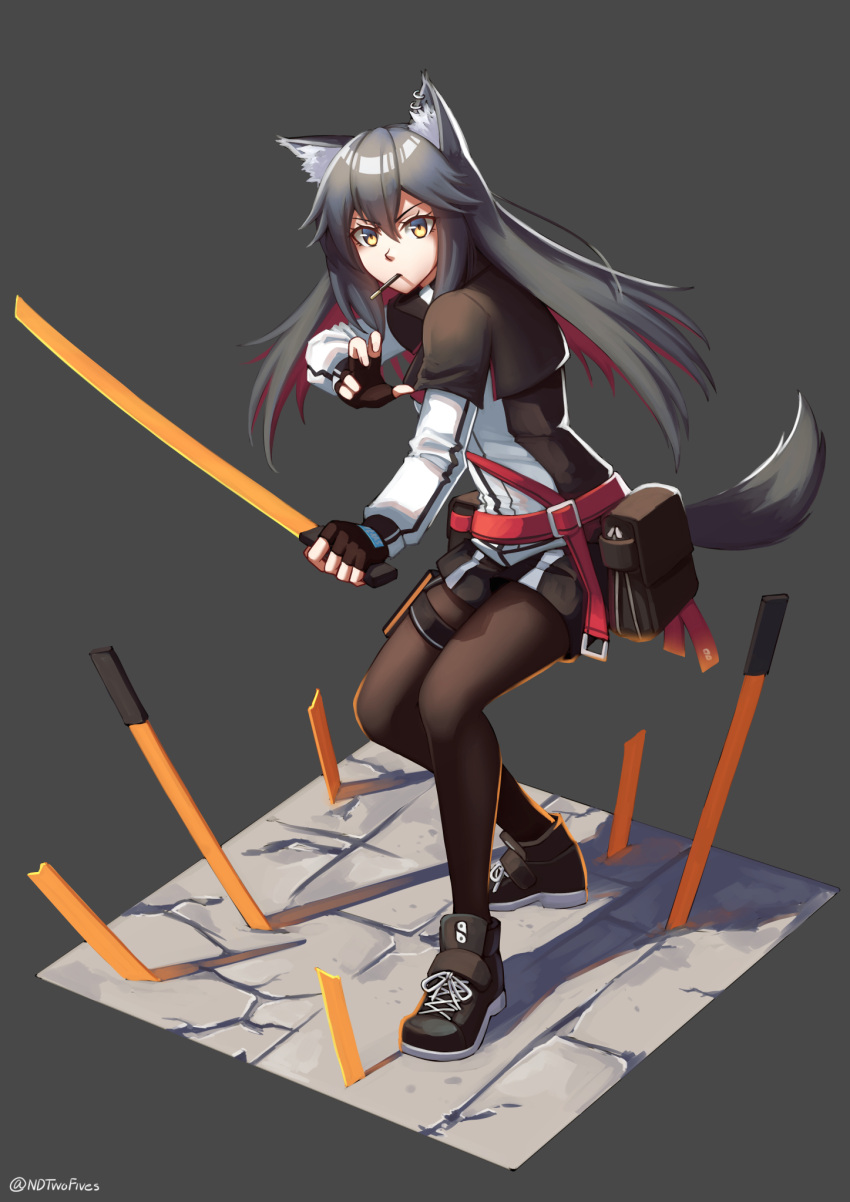 1girl animal_ear_fluff animal_ears arknights bangs black_footwear black_gloves black_hair black_shorts brown_eyes brown_legwear commentary_request ear_piercing eyebrows_visible_through_hair fingerless_gloves food food_in_mouth full_body gloves grey_background hair_between_eyes highres holding holding_sword holding_weapon jacket legwear_under_shorts long_hair long_sleeves mouth_hold multicolored_hair ndtwofives pantyhose piercing planted_sword planted_weapon pocky red_hair shoes short_shorts shorts simple_background solo standing sword tail texas_(arknights) twitter_username two-tone_hair v-shaped_eyebrows very_long_hair weapon white_jacket wolf_ears wolf_girl wolf_tail