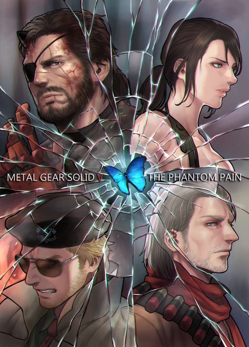 1girl 3boys absurdres bandolier beard beret blonde_hair blue_butterfly blue_eyes breasts broken_glass brown_hair bug butterfly chromatic_aberration copyright_name eyepatch facial_hair fire glass grey_eyes grey_hair hat highres horns huge_filesize insect kazuhira_miller lunarclinic mechanical_arm medium_hair metal_gear_(series) metal_gear_solid_v multiple_boys parted_lips ponytail prosthesis prosthetic_arm quiet_(metal_gear) red_scarf revolver_ocelot scar scar_across_eye scar_on_cheek scar_on_face scarf shattered short_hair single_horn sunglasses venom_snake