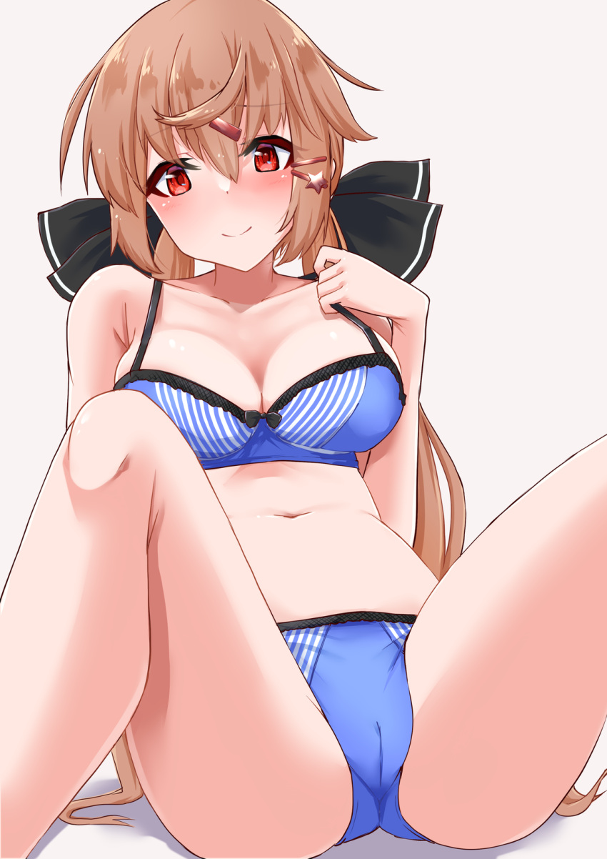 1girl bare_arms bare_legs bare_shoulders black_bow blue_bra blue_panties blush bow bra breasts brown_eyes brown_hair closed_mouth collarbone eyebrows_visible_through_hair grey_background hair_between_eyes hair_bow hair_ornament hairclip highres kantai_collection komb lawson long_hair low_twintails medium_breasts navel panties simple_background smile solo tashkent_(kantai_collection) twintails underwear