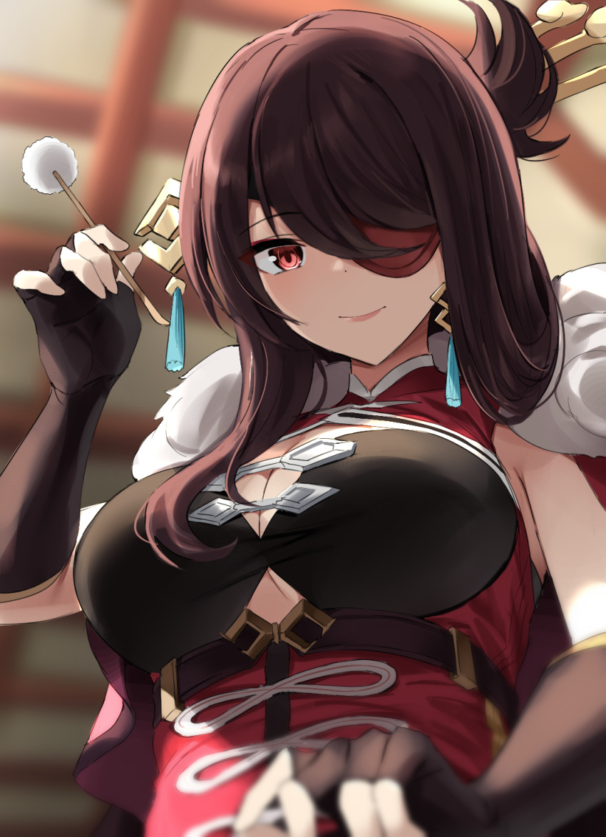 1girl beidou_(genshin_impact) blurry blurry_background breasts brown_hair cleavage detached_sleeves ear_cleaning ear_picking eyepatch fingerless_gloves genshin_impact gloves hair_ornament hair_stick hairpin highres lap_pov large_breasts long_hair looking_at_viewer mimikaki one_eye_covered red_eyepatch red_eyes shengtian smile