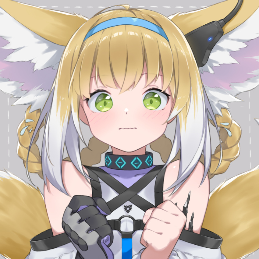 1girl animal_ears arknights bangs bare_shoulders blue_hairband blush braid brown_hair closed_mouth commentary_request dotted_line eyebrows_visible_through_hair fhang flying_sweatdrops fox_ears fox_girl fox_tail gloves green_eyes grey_background hair_rings hairband hands_up kitsune looking_at_viewer multicolored_hair purple_gloves shirt single_glove solo suzuran_(arknights) tail twin_braids two-tone_hair wavy_mouth white_hair white_shirt