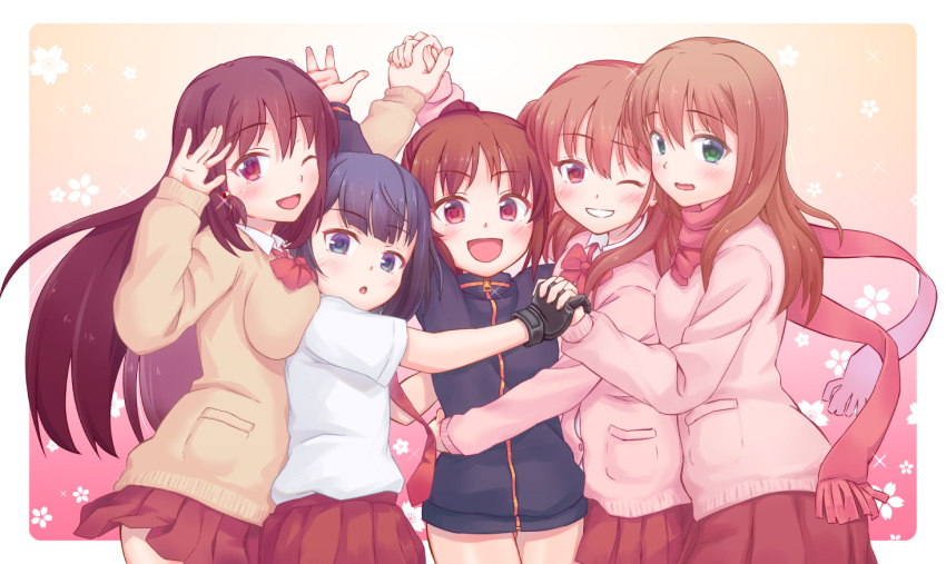 5girls achiga_school_uniform arm_up atarashi_ako black_hair blue_jacket bow bowtie brown_hair cardigan commentary dress_shirt floral_background gradient gradient_background green_eyes grin holding_hands interlocked_fingers jacket light_blush long_hair looking_at_viewer matsumi_kuro matsumi_yuu miniskirt multiple_girls necktie no_pants one_eye_closed open_mouth orange_background pink_background pink_cardigan pink_neckwear pink_scarf pleated_skirt ponytail pose purple_eyes red_eyes red_neckwear red_skirt sagimori_arata saki saki_achiga-hen salute scarf school_uniform shibugaki shirt short_hair short_sleeves siblings sisters skirt smile standing takakamo_shizuno track_jacket two_side_up white_shirt yellow_cardigan zipper