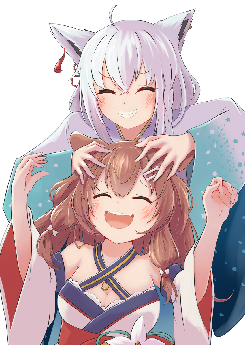 2girls ^_^ absurdres animal_ears bare_shoulders blush brown_hair closed_eyes commentary_request detached_sleeves dog_ears dog_girl fox_ears fox_girl glomp hand_in_another's_hair highres hilamaru hololive hug inugami_korone japanese_clothes kimono multiple_girls playing_with_another's_hair shirakami_fubuki shirt simple_background smile tickling upper_body virtual_youtuber white_background white_hair white_shirt