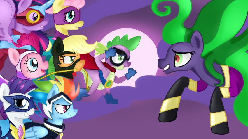 16:9 applejack_(mlp) battle dragon earth_pony equid equine female feral fight fluttershy_(mlp) friendship_is_magic group hasbro hi_res horn horse humdrum_(mlp) jbond male mammal mane-iac_(mlp) maretropolis my_little_pony pegasus pinkie_pie_(mlp) pony rainbow_dash_(mlp) rarity_(mlp) twilight_sparkle_(mlp) unicorn widescreen winged_unicorn wings