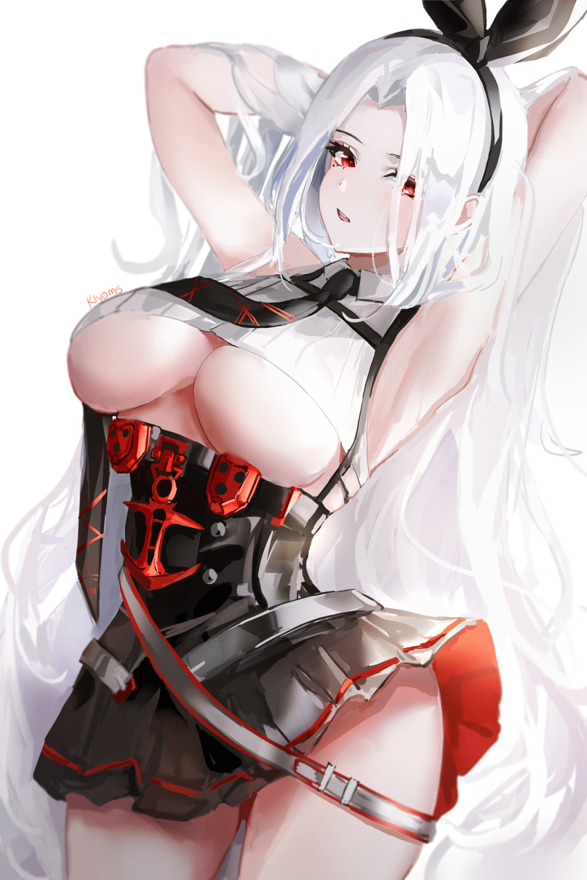 1girl absurdres armpits arms_behind_head arms_up azur_lane bare_shoulders breasts cleavage collared_shirt crop_top day detached_sleeves eyes_visible_through_hair hair_over_one_eye hair_ribbon highres large_breasts lens_flare lielac long_hair long_sleeves looking_at_viewer mole mole_under_eye prinz_heinrich_(azur_lane) puffy_sleeves red_eyes ribbed_shirt ribbon shirt silver_hair sleeveless sleeveless_shirt thighs underboob underbust very_long_hair white_shirt