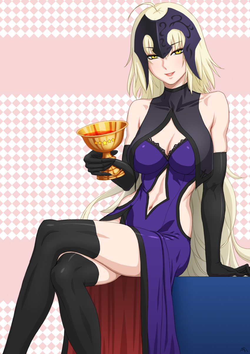 1girl absurdres ahoge argyle argyle_background arm_support bare_shoulders black_gloves black_legwear blonde_hair blue_dress breasts cleavage collarbone cup darkmuleth dress elbow_gloves fate/grand_order fate_(series) gloves grail headpiece highres hip_vent holding holding_cup jeanne_d'arc_(alter)_(fate) jeanne_d'arc_(fate)_(all) lace lace-trimmed_dress large_breasts legs_crossed long_hair looking_at_viewer navel_cutout parted_lips red_lips seductive_smile sitting smile thighhighs turtleneck very_long_hair yellow_eyes