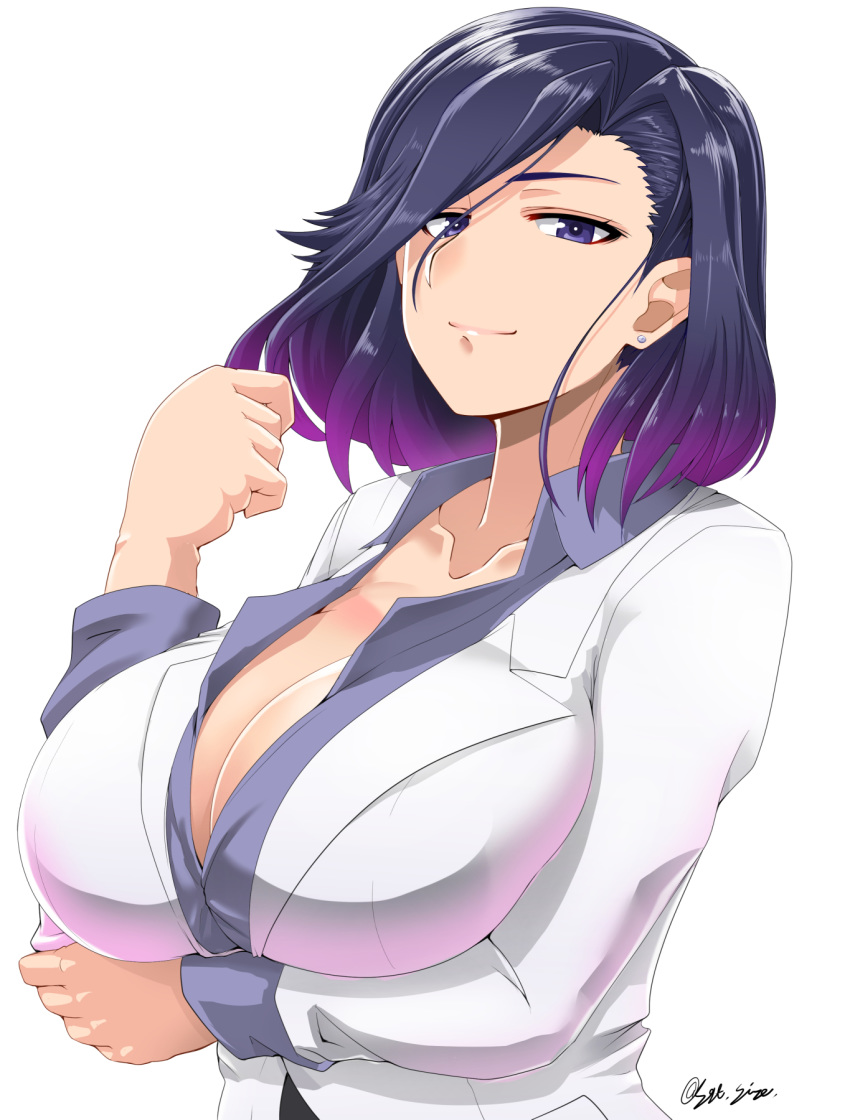 1girl arm_under_breasts blue_shirt bob_cut breasts city_hunter cleavage closed_mouth collarbone commentary_request dress_shirt earrings hand_up highres jacket jewelry large_breasts looking_at_viewer nogami_saeko purple_eyes purple_hair saizu_nitou_gunsou shirt short_hair simple_background smile solo unbuttoned unbuttoned_shirt upper_body white_background white_jacket