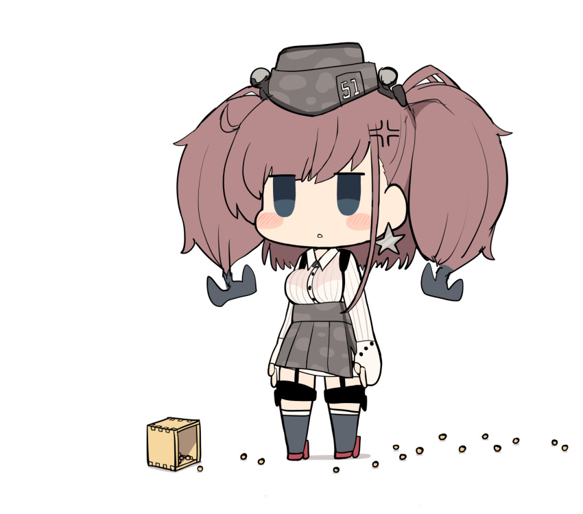 1girl anchor_hair_ornament anger_vein atlanta_(kantai_collection) beans black_footwear black_headwear black_skirt box breasts brown_hair chibi commentary_request dress_shirt earrings garrison_cap garter_straps gloves grey_eyes hair_ornament hat high-waist_skirt highres jewelry kantai_collection large_breasts long_hair long_sleeves partially_fingerless_gloves shirt simoyuki simple_background skirt solo standing star_(symbol) star_earrings suspender_skirt suspenders thigh_strap two_side_up white_background white_shirt