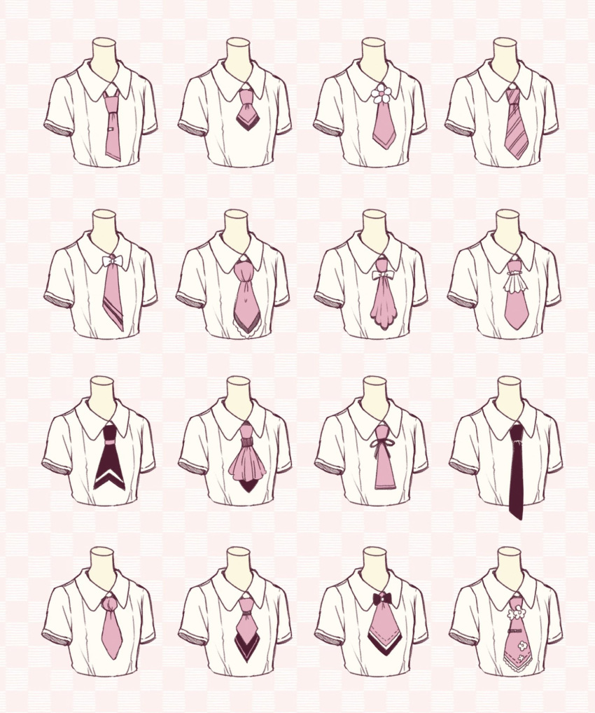 6+girls ascot black_neckwear checkered checkered_background collared_shirt commentary_request cropped_torso diagonal-striped_neckwear diagonal_stripes flower highres multiple_girls necktie original pink_background pink_neckwear sakura_oriko shirt short_sleeves striped striped_neckwear tie_clip white_flower white_shirt