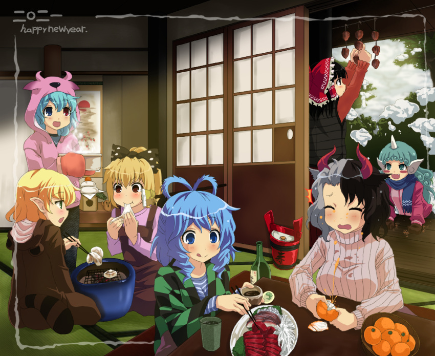 6+girls :q :t ^^^ akuto alcohol animal_costume bangs black_bow black_hair black_kimono black_pants black_sweater_vest blonde_hair blouse blue_eyes blue_hair blue_scarf blue_shirt blush blush_stickers bottle bow brown_dress brown_eyes chopsticks closed_mouth commentary_request cow_girl cow_horns cup dress drill_locks eating eyebrows_visible_through_hair food frilled_bow frills fruit green_eyes green_kimono grey_hair grill grilling hair_between_eyes hair_bow hair_ornament hair_rings hair_stick hakurei_reimu haniwa_(statue) happy_new_year heterochromia holding holding_chopsticks holding_pot hood hood_up hoodie horns jacket japanese_clothes kaku_seiga kimono komano_aun kotatsu kurodani_yamame licking_lips long_sleeves looking_at_another looking_to_the_side mandarin_orange meat mittens mizuhashi_parsee mochi multicolored_hair multiple_girls new_year onesie open_mouth pants pink_blouse pink_hoodie pink_jacket pointy_ears pot red_bow red_eyes sake sake_bottle scarf shichirin shirt short_hair sitting sleeveless sleeveless_dress snow standing steam striped striped_shirt sweater sweater_vest table tanuki_costume tatara_kogasa tongue tongue_out touhou turtleneck turtleneck_sweater two-tone_hair ushizaki_urumi yunomi