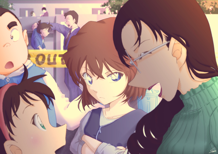 3boys 3girls absurdres bangs black-framed_eyewear black_hair blue_eyes bow bowtie brown_hair child edogawa_conan facial_hair glasses haibara_ai hat highres jacket kojima_genta long_sleeves meitantei_conan mouri_kogoro multiple_boys multiple_girls mustache necktie official_style open_mouth school_uniform shirt short_hair shorts smile sooma4869 wakasa_rumi white_shirt yoshida_ayumi