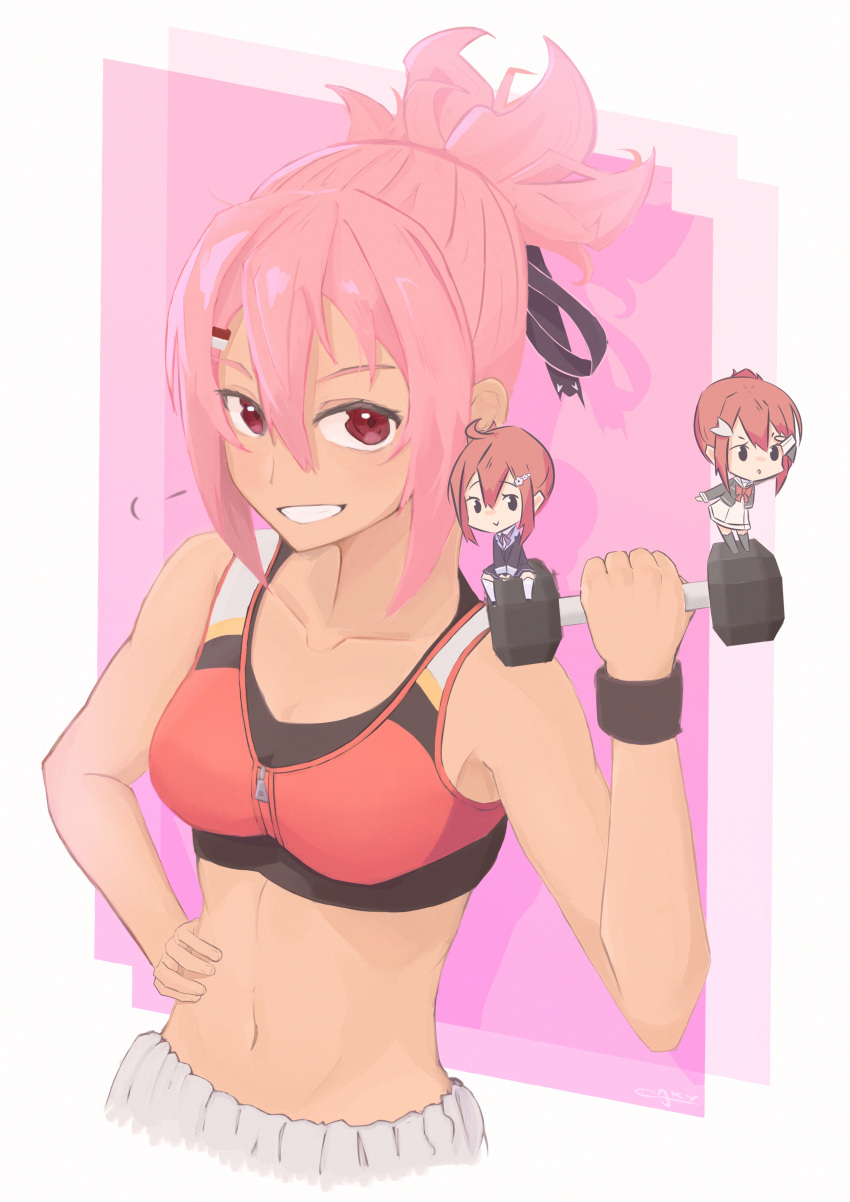 1girl =3 absurdres akamine_yuuna aky_nibo blush chibi dumbbell grin hair_ribbon hand_on_hip highres midriff navel pink_hair ponytail red_eyes ribbon smile sports_bra sportswear takashima_yuuna wristband yuuki_yuuna yuuki_yuuna_wa_yuusha_de_aru yuusha_de_aru zipper