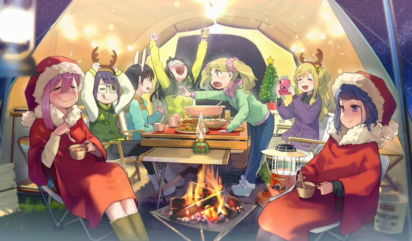 6+girls :d :t ;q absurdres adjusting_clothes adjusting_headwear animal_ears antlers arms_up bangs beer_can bell black-framed_eyewear black_hair black_pants blue_coat blue_hair blue_pants blurry_foreground boots bowl brown_footwear bunny_ears camera camping can chair christmas clenched_hand closed_mouth coat commentary cup denim drunk eating english_text eyebrows_visible_through_hair fake_antlers fang fire folding_chair folding_table frown glasses green_eyes green_jacket grey_footwear hair_bell hair_ornament hair_scrunchie hat highres holding holding_bowl holding_camera holding_can holding_spoon inuyama_akari inuyama_aoi jacket jeans kagamihara_nadeshiko lamp leaning_forward letterman_jacket light_brown_hair looking_at_another minawa multiple_girls night one_eye_closed oogaki_chiaki opaque_glasses open_mouth outdoors pants pink_hair pink_scrunchie plate poncho purple_eyes reaching rectangular_eyewear red_coat red_headwear reindeer_antlers saitou_ena santa_costume santa_hat scrunchie shima_rin short_hair siblings side_ponytail sisters sitting skin_fang smile sparkle spoon standing table taking_picture tent toba_minami tongue tongue_out twintails white_footwear yurucamp zipper