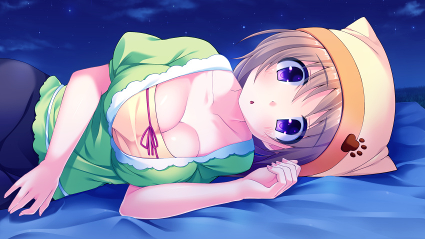 ano_harewataru_sora_yori_takaku blush breasts brown_hair chiri_(atlanta) chuablesoft cleavage game_cg long_hair michibiki_honoka night purple_eyes