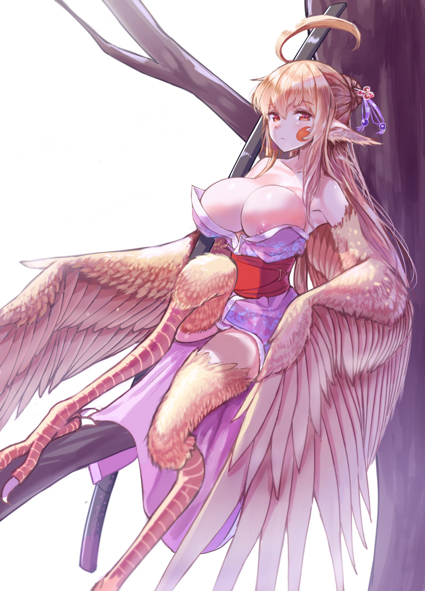 1girl absurdres ahoge bird_legs breasts commentary_request facial_mark feathered_wings feathers hair_bun hair_ornament hairpin harpy highres huge_ahoge japanese_clothes katana kawasumi_(tk2k_jade) kimono large_breasts monster_girl nipple_slip nipples obi orange_feathers orange_hair original pointy_ears red_eyes sash short_kimono sitting solo sword talons tree tree_branch weapon winged_arms wings