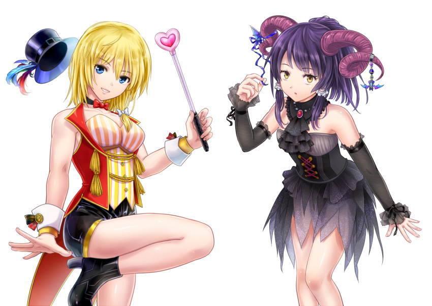 2girls alternate_costume bangs bare_shoulders black_collar black_dress black_footwear black_neckwear black_shorts black_sleeves blonde_hair blue_ribbon bow breasts choker collar collarbone commentary_request cookie_(touhou) corset cowboy_shot cravat demon_horns detached_sleeves dress eyebrows_visible_through_hair frilled_dress frilled_sleeves frills hair_between_eyes hair_bow hakurei_reimu hat hat_feather heart high_heels highres holding holding_wand horn_ornament horn_ribbon horns ketsuholdes keychain kinu_(cookie) kirisame_marisa latex_shorts leg_up looking_at_viewer medium_breasts medium_hair mugi_(cookie) multiple_girls open_mouth purple_hair red_bow red_vest ribbon short_shorts shorts sidelocks smile strapless strapless_dress tassel teeth top_hat touhou transparent_background vest wand white_bow wrist_cuffs yellow_eyes